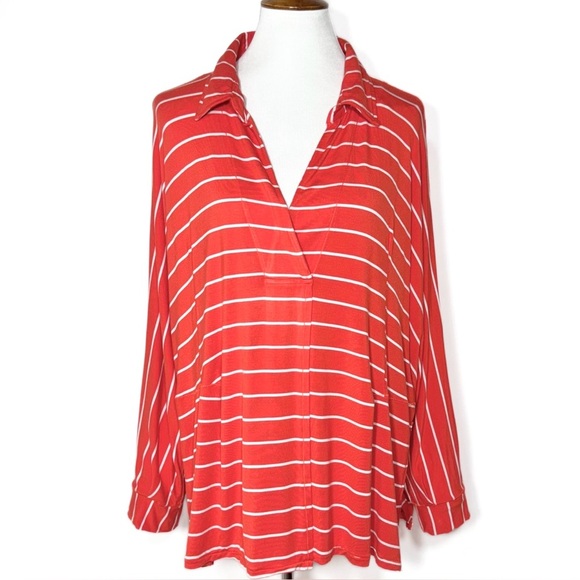 Free People Orange Stripe Dolman Sleeve Surplice V Neck Knit Relaxed Tunic Top L - Picture 2 of 12